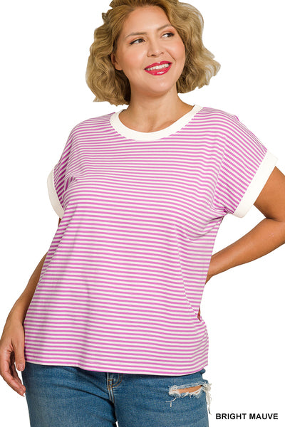 Incoming Pre-Order: Stripe Contrast Trim Top - Bright Mauve