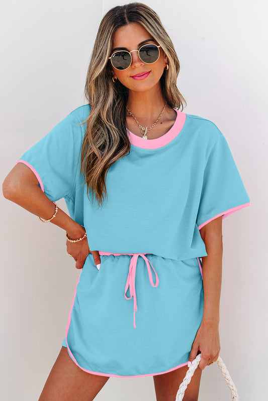 Ready to Ship: Turquoise Colorblock Edge Drop Shoulder Tee & Short Set
