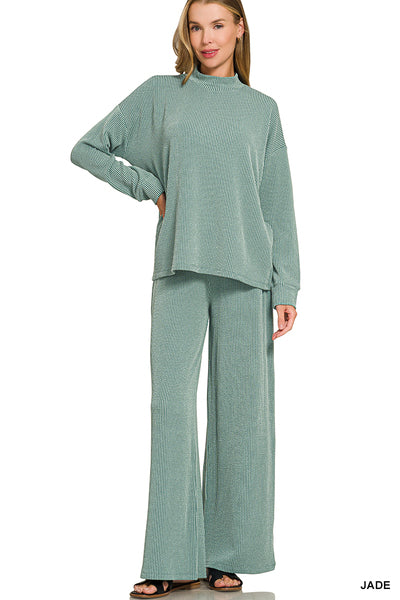 Incoming Pre-Order: Raised Rib Mock Neck Long Sleeve Tee & Pants Set - Jade