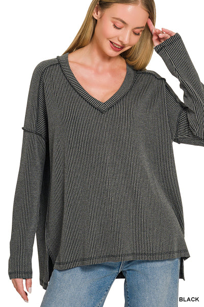Incoming Pre-Order: Raised Rib Long Sleeve Hi-Low V Neck Top