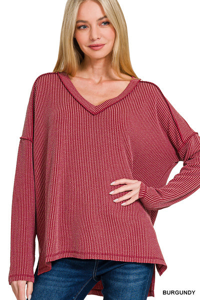 Incoming Pre-Order: Raised Rib Long Sleeve Hi-Low V Neck Top
