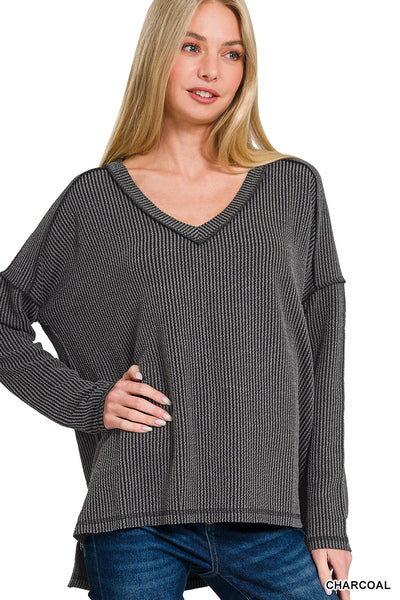 Incoming Pre-Order: Raised Rib Long Sleeve Hi-Low V Neck Top