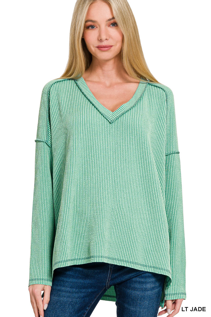 Incoming Pre-Order: Raised Rib Long Sleeve Hi-Low V Neck Top