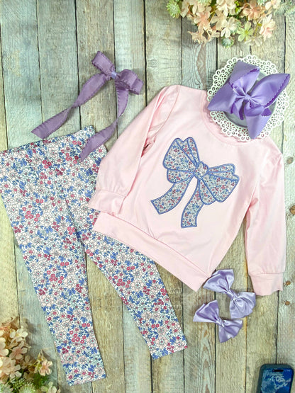 Ready to Ship: Purple Bow Applique with Floral Leggings Set