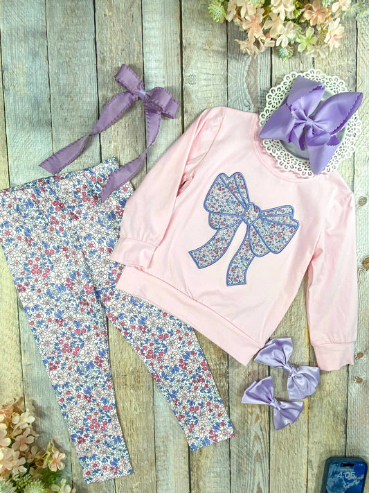 Ready to Ship: Purple Bow Applique with Floral Leggings Set