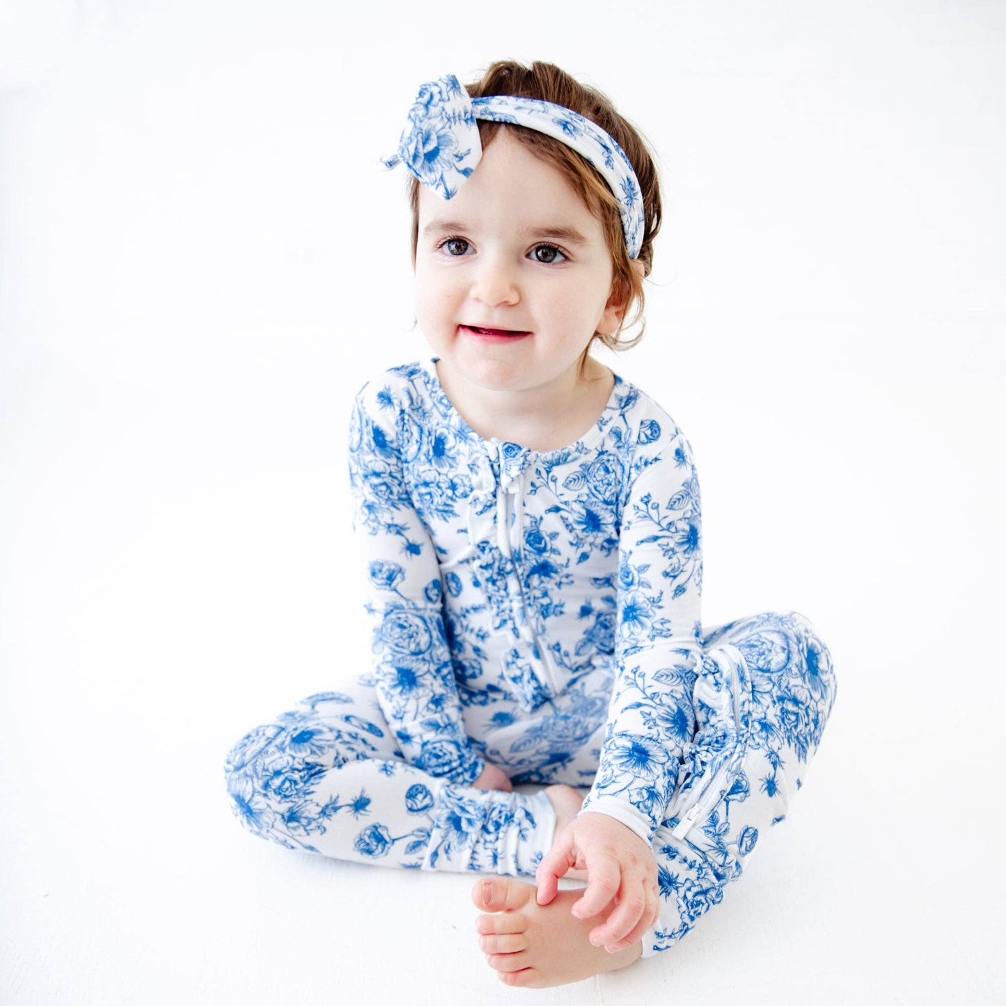 Something Blue Toile Damask Floral Bamboo Baby Pajamas Ruffle Convertible Footie {RTS}