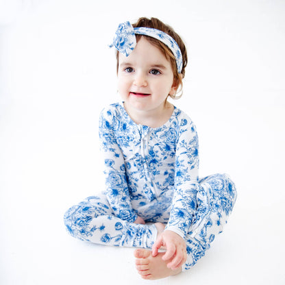 Something Blue Toile Damask Floral Bamboo Baby Pajamas Ruffle Convertible Footie {RTS}