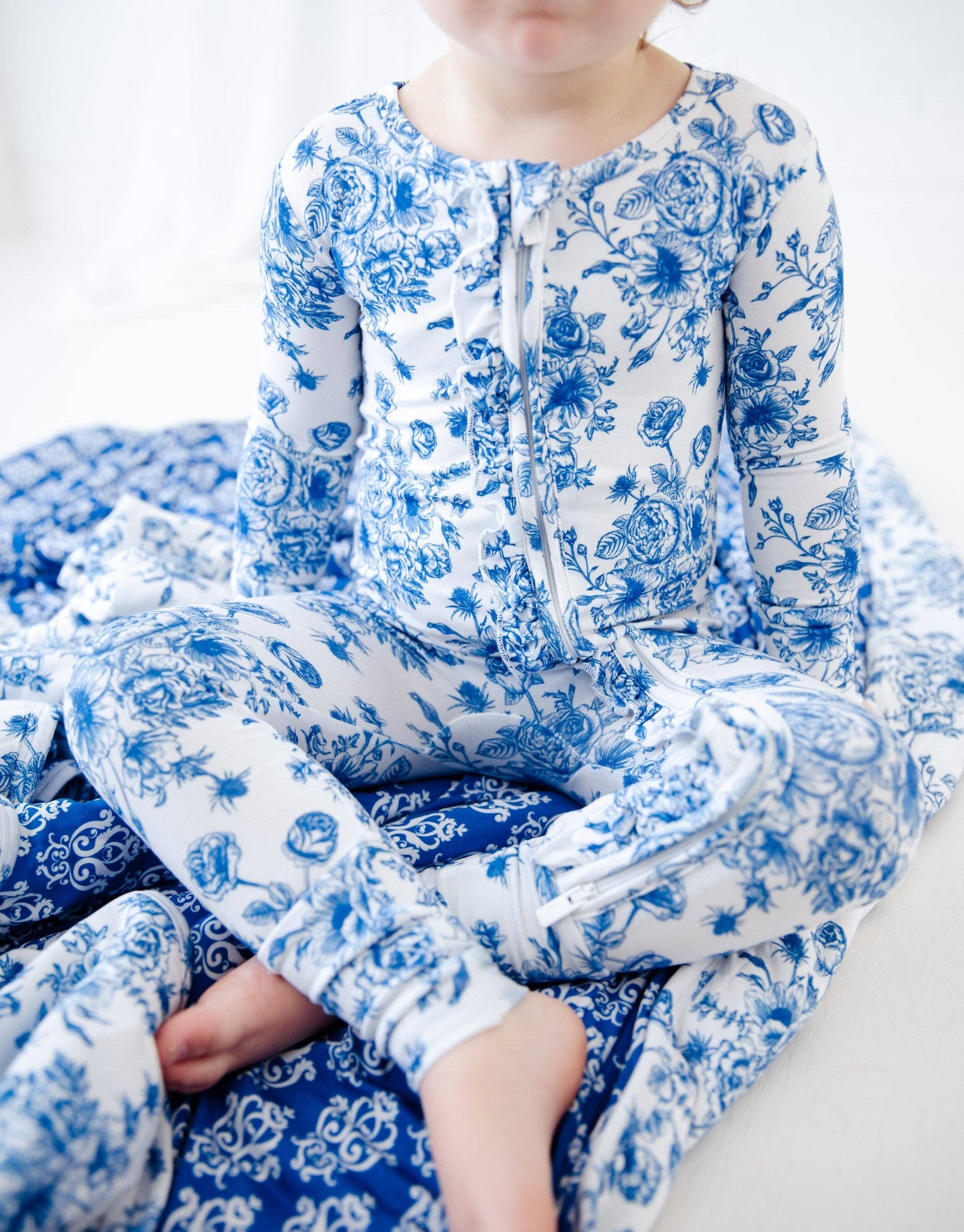 Something Blue Toile Damask Floral Bamboo Baby Pajamas Ruffle Convertible Footie {RTS}