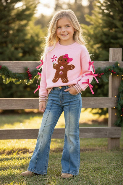 Ready to Ship: Ginger cookie pink knit sweater with bow on sleeves