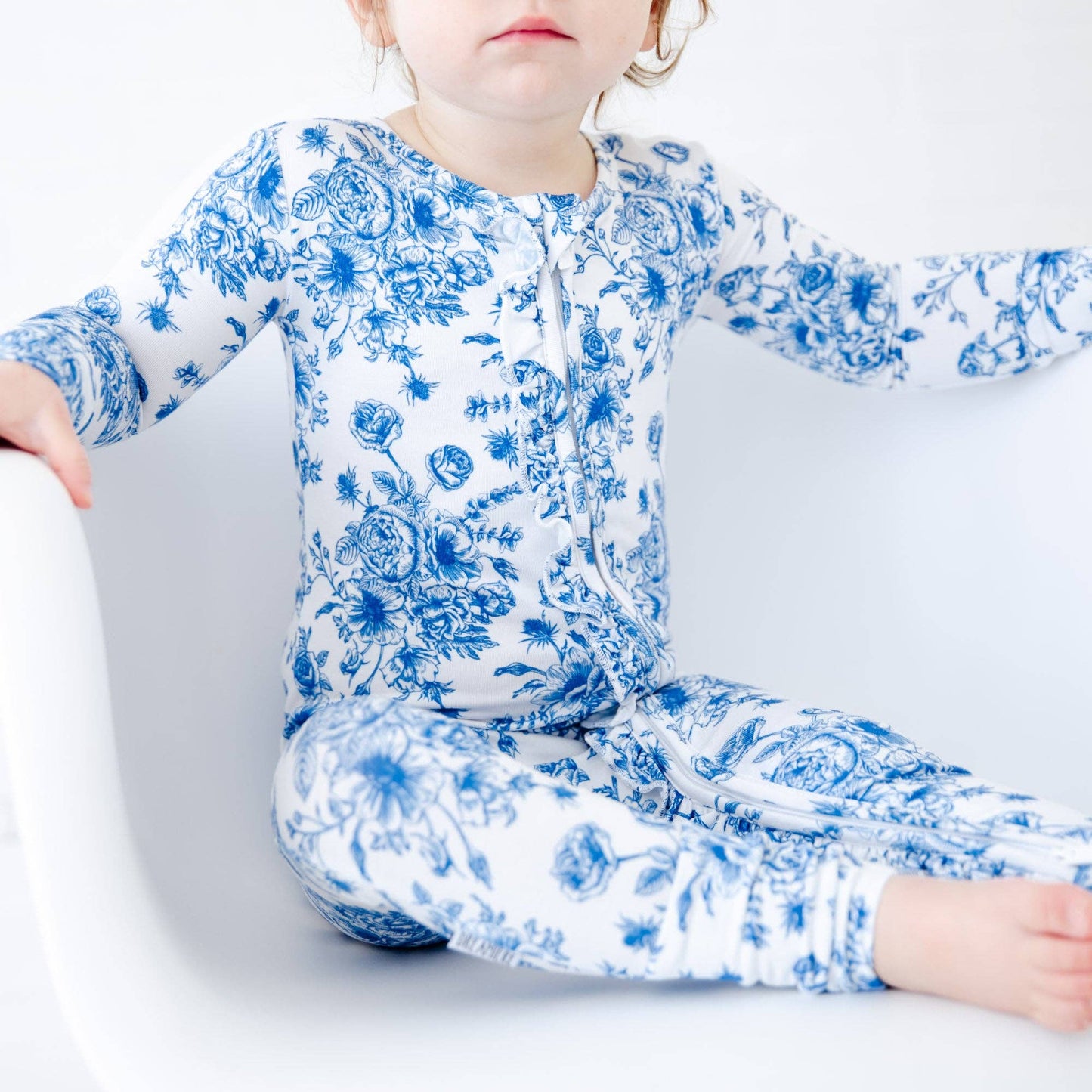 Something Blue Toile Damask Floral Bamboo Baby Pajamas Ruffle Convertible Footie {RTS}