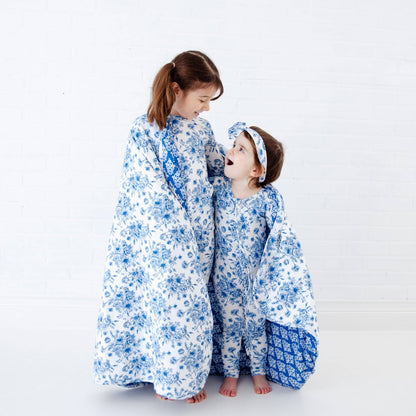 Something Blue Toile Damask Floral Bamboo Baby Pajamas Ruffle Convertible Footie {RTS}
