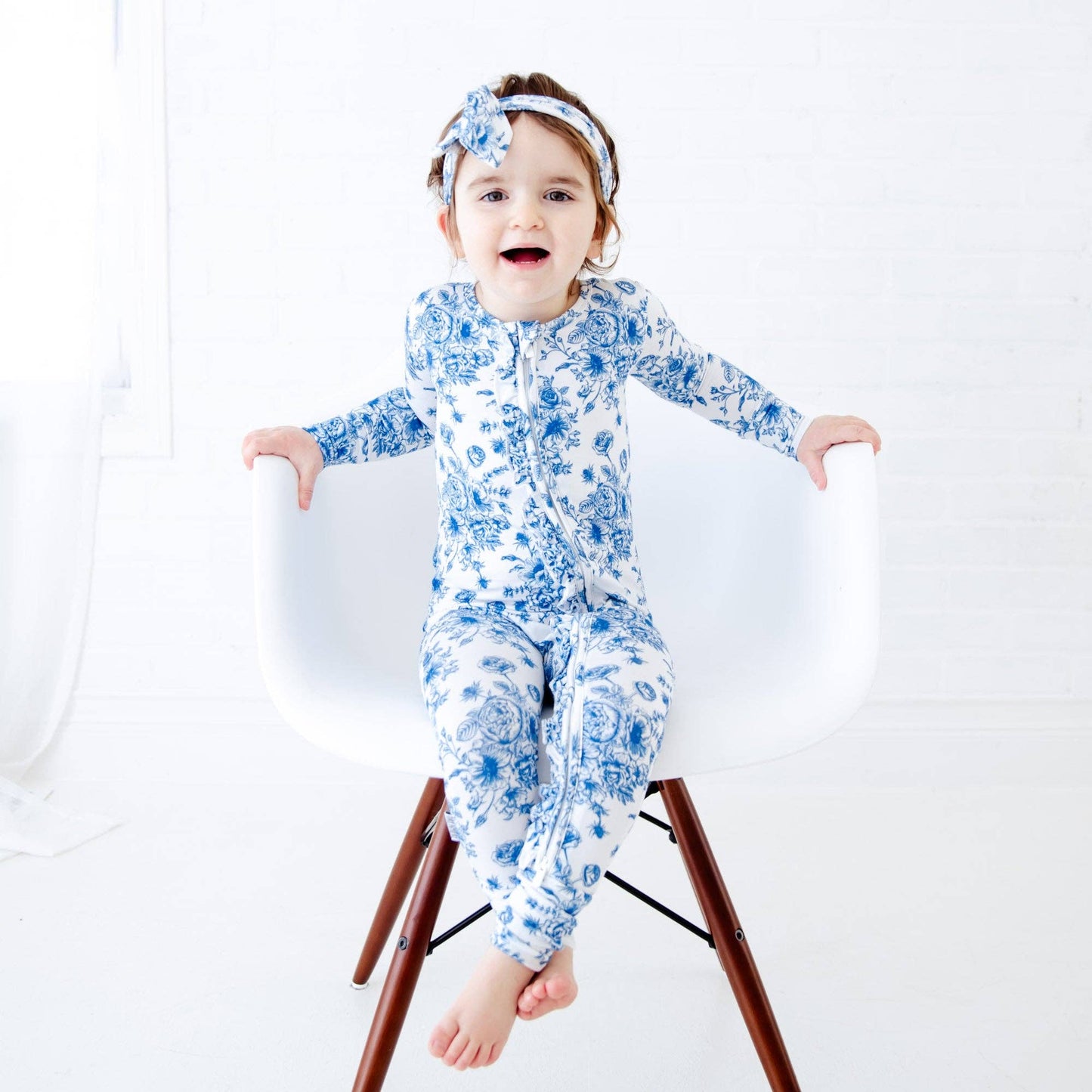 Something Blue Toile Damask Floral Bamboo Baby Pajamas Ruffle Convertible Footie {RTS}