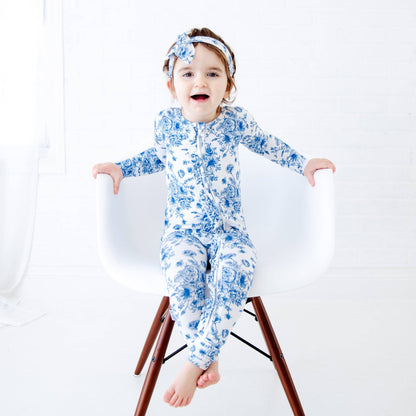 Something Blue Toile Damask Floral Bamboo Baby Pajamas Ruffle Convertible Footie {RTS}
