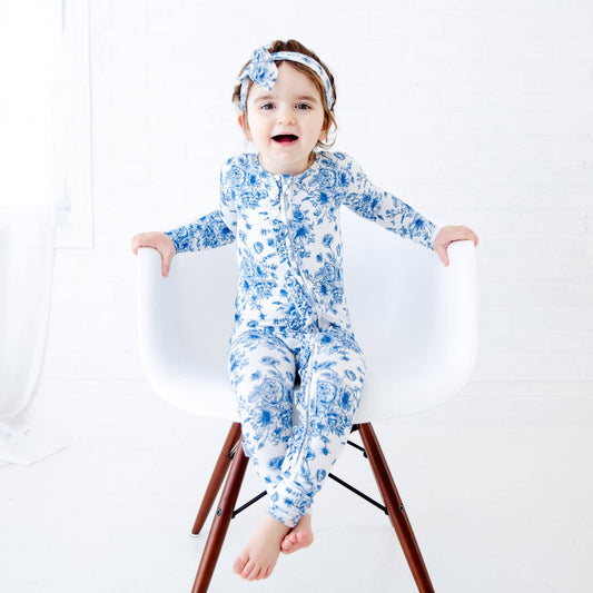 Something Blue Toile Damask Floral Bamboo Baby Pajamas Ruffle Convertible Footie {RTS}