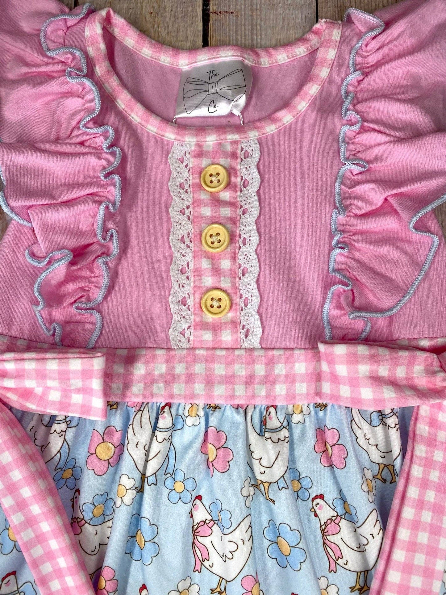 Ready To Ship: Pink Chicken & Floral Ruffle Dress - Salt Threads