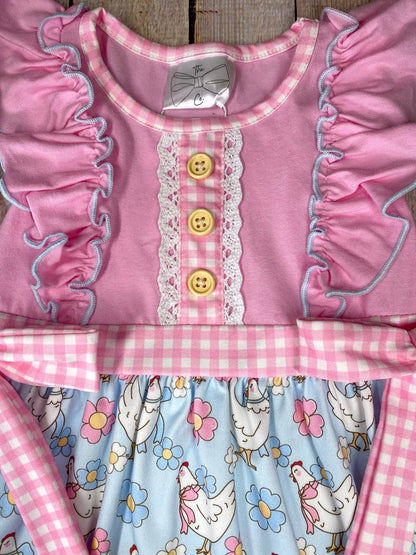 Ready To Ship: Pink Chicken & Floral Ruffle Dress - Salt Threads