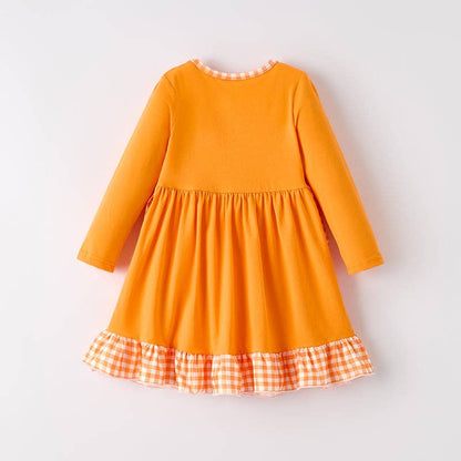 Ready to Ship: Girls Halloween Pumpkin Chenille Patches Orange Long Sleeves Dress