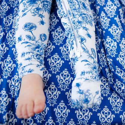 Something Blue Toile Damask Floral Bamboo Baby Pajamas Ruffle Convertible Footie {RTS}