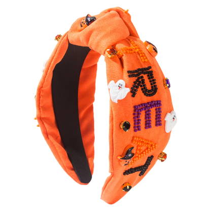 Halloween Fall Pumpkin Treat Skull Headband Seed Beads Rhinestones Pearl Knot