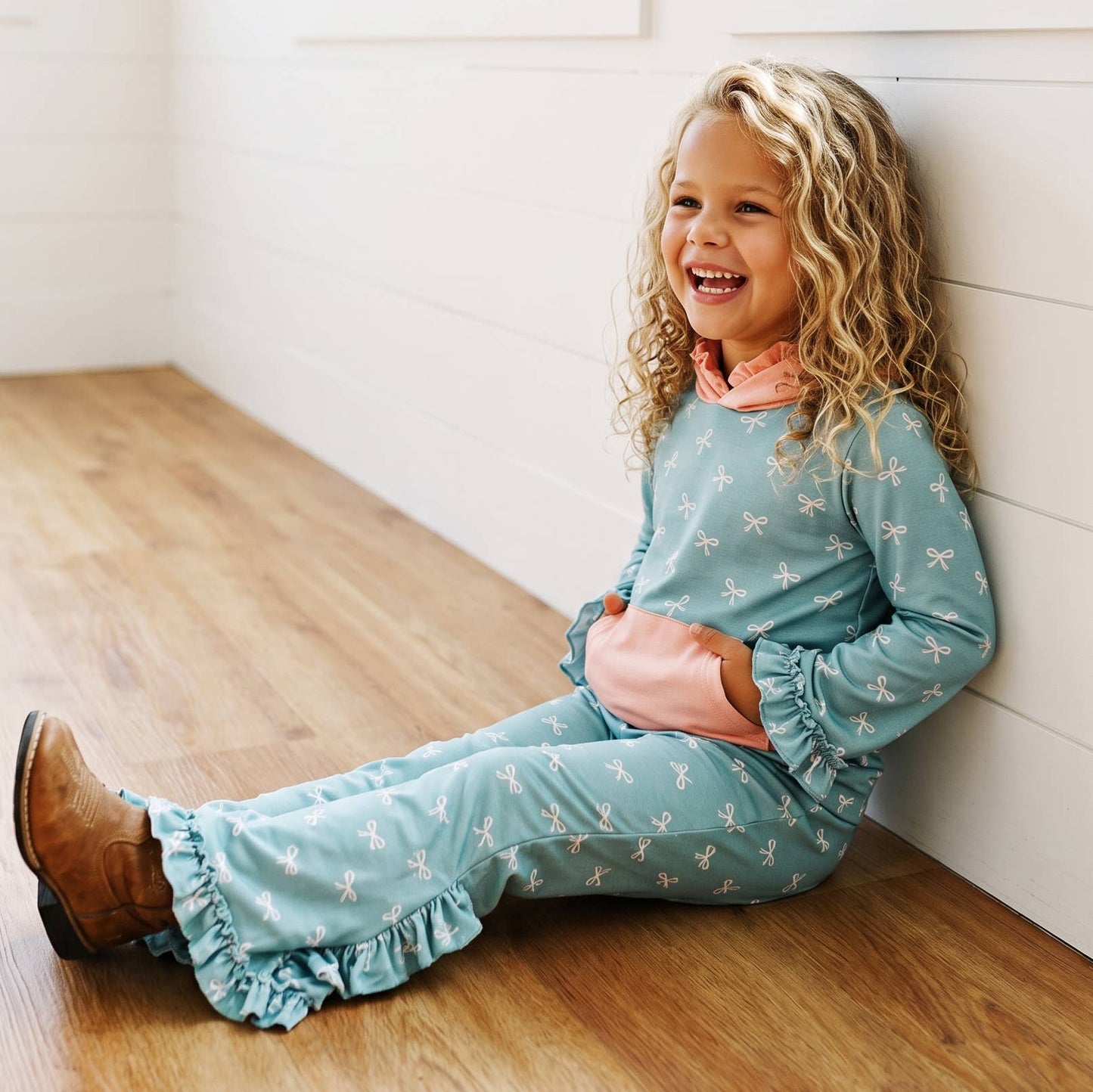 Ready to Ship: Kids Lucy Teal & Pink Bow Hooded Ruffle Pocket Lounge Set