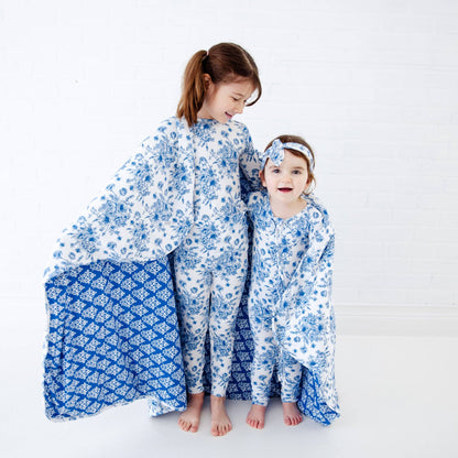 Something Blue Toile Damask Floral Bamboo Baby Pajamas Ruffle Convertible Footie {RTS}