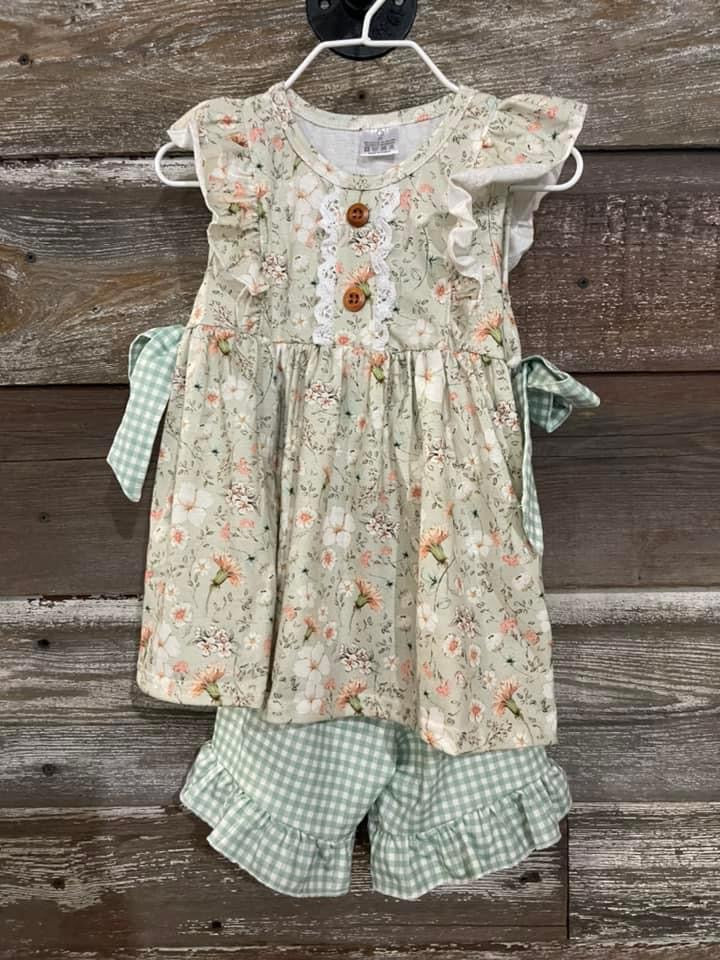 Floral and Gingham Girls Short Set (RTS)