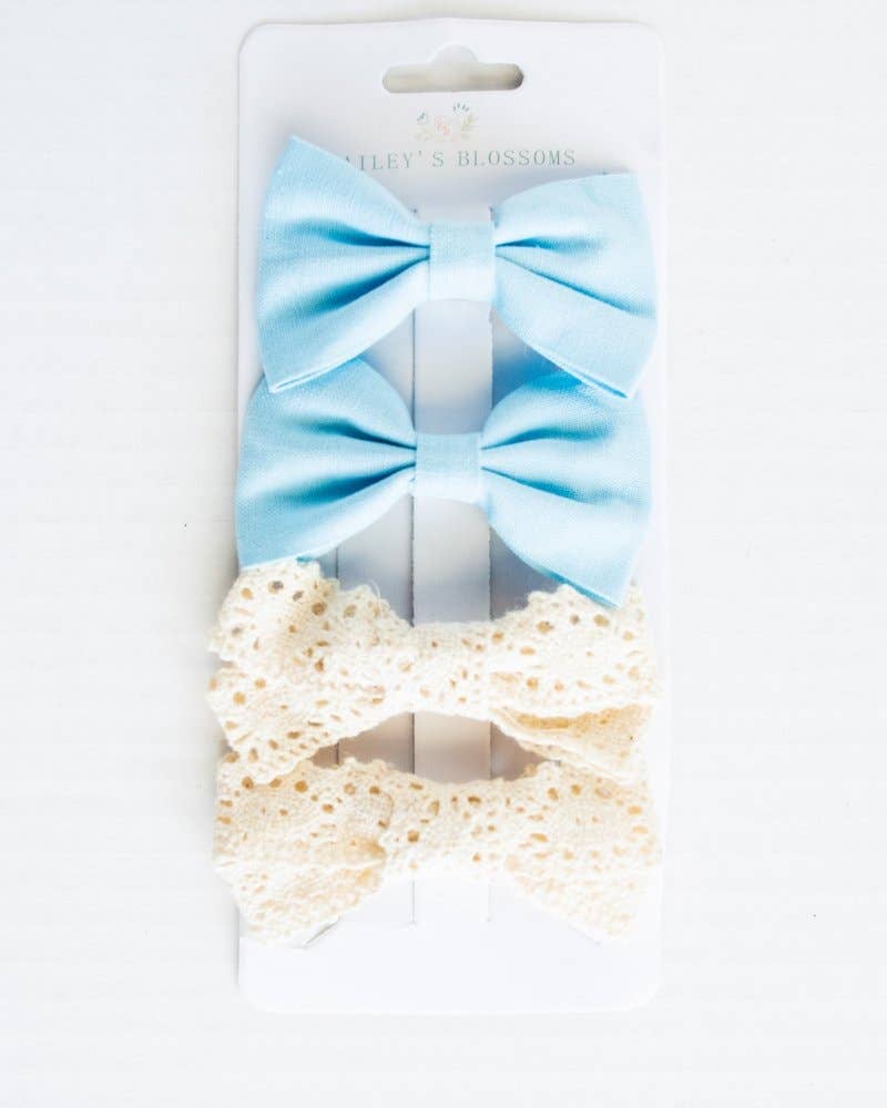 Junee Bea Bows Clip Pack- Baby Blue and Tan Lace