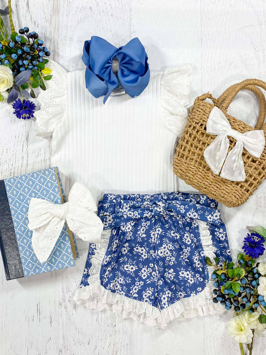 Ribbed Tee & Blue Floral Lace Shorts Set {RTS}