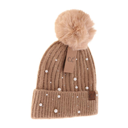 Adult Pearl Embellished Faux Fur Pom CC Beanie
