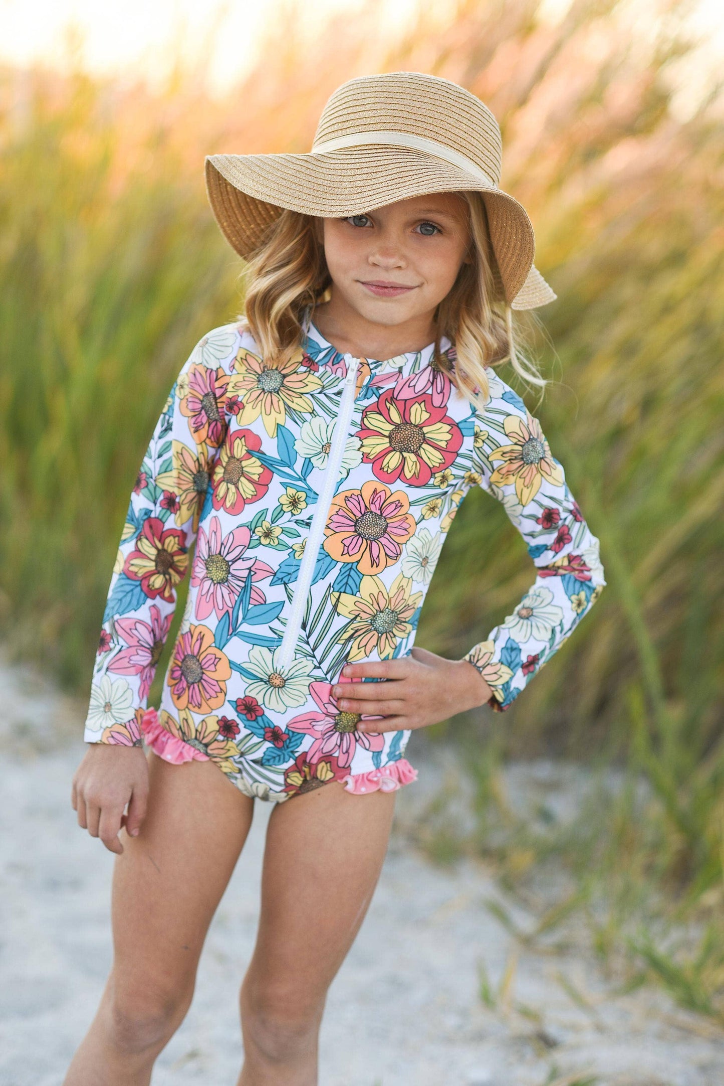 Kids Floral Zip Rash Guard One Piece Swimsuit Girl's {RTS}