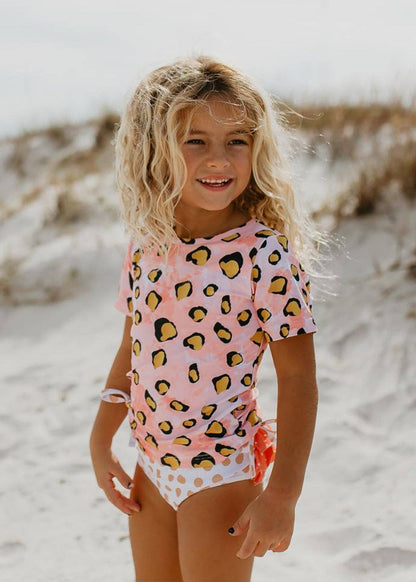 Kids Pink Leopard Rash Guard Ruffle Swimsuit Girl's {RTS}