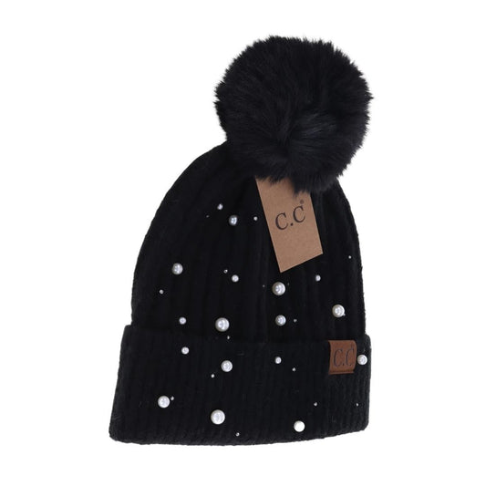 Adult Pearl Embellished Faux Fur Pom CC Beanie