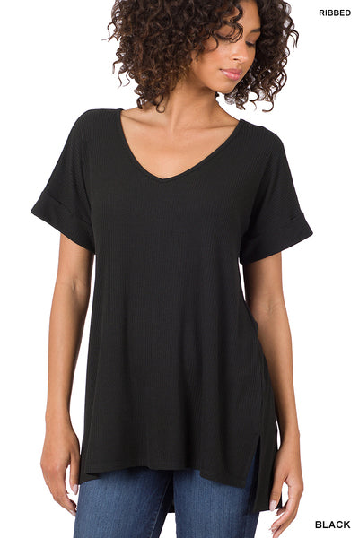 RIBBED V-NECK HI-LOW HEM TOP WITH SIDE SLITS