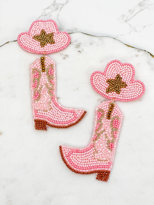 Cowgirl Hat & Boots Beaded Dangle Earrings