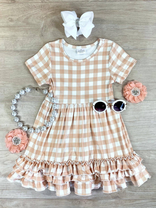 Sand Gingham Ruffled Dress