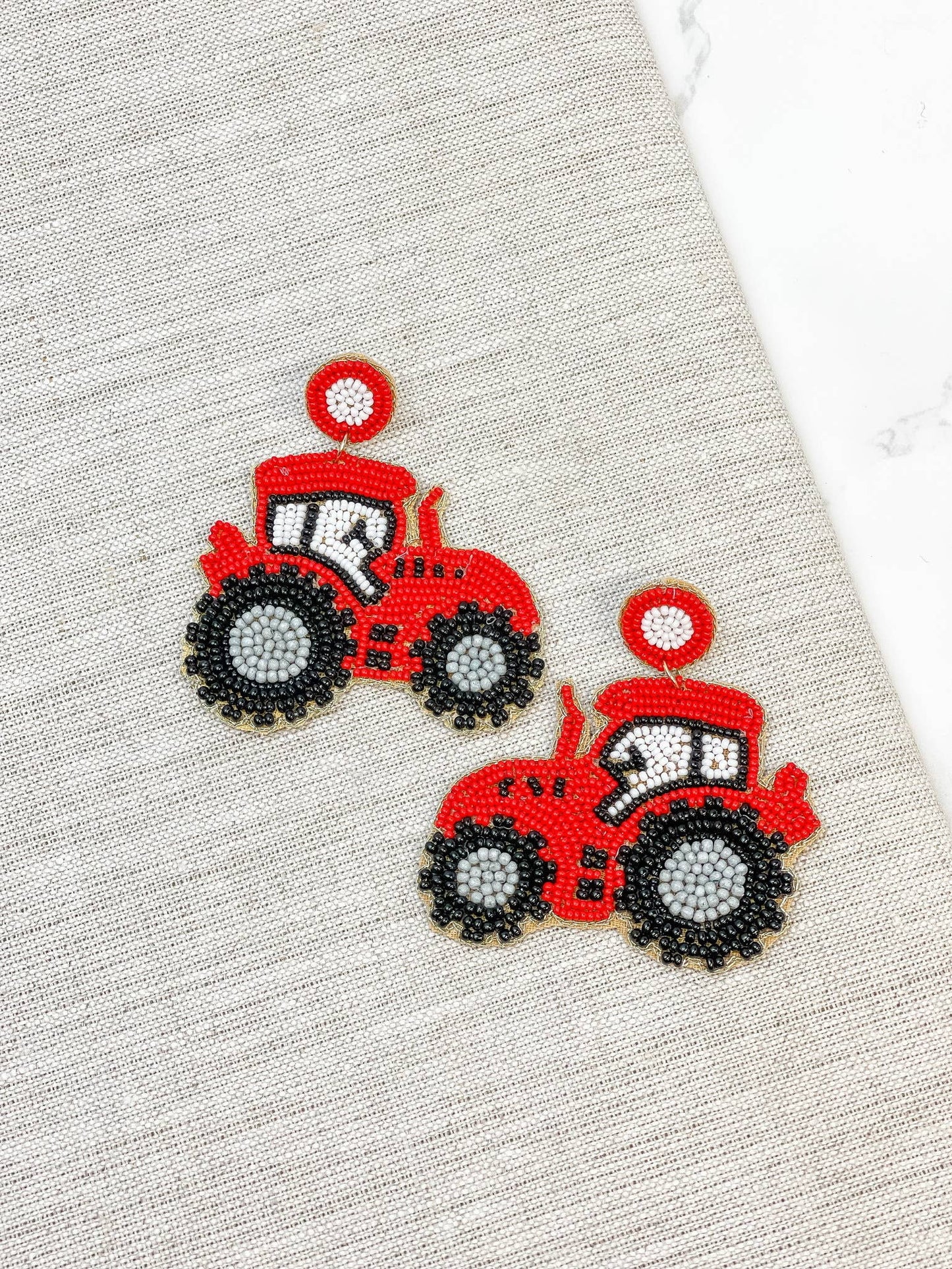 Red Tractor Seed Bead Drop Earrings