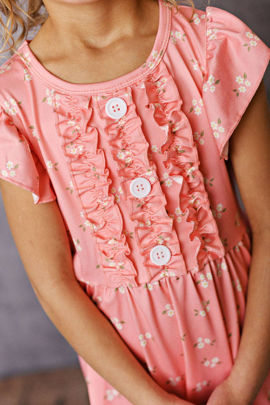 Kids Dainty Coral Floral Ruffle Button Spring Easter Dress