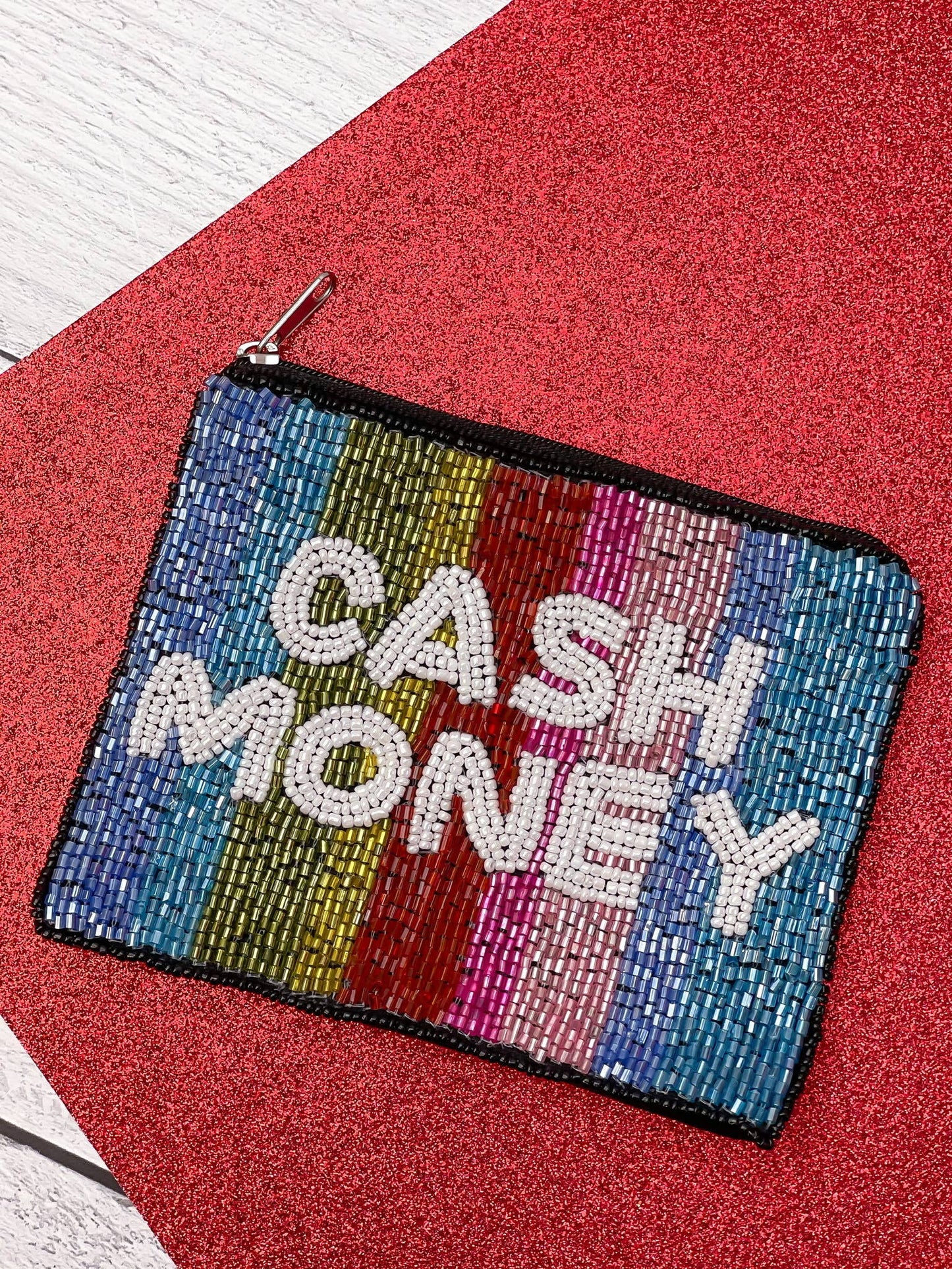 'Cash Money' Striped Beaded Zipper Pouch